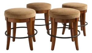1990s Swaim Upholstered Counter Stools With Wood Bases and Metal Footrests - Set of 4