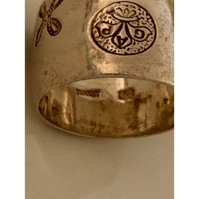 Mid 20th Century Vintage Gold-Tone Sterling Silver Wide-Band Ring Featuring Engraved Crown, Star, Etc. And Mark of Turkey Inside the Ring For Sale - Image 5 of 5