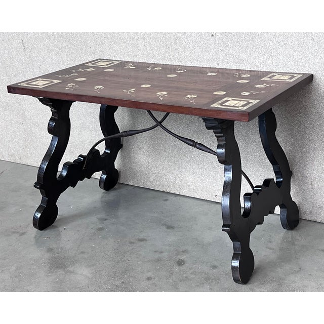 Wood 19th Century Baroque Spanish Side Table With Marquetry Top and Iron Stretcher For Sale - Image 7 of 11