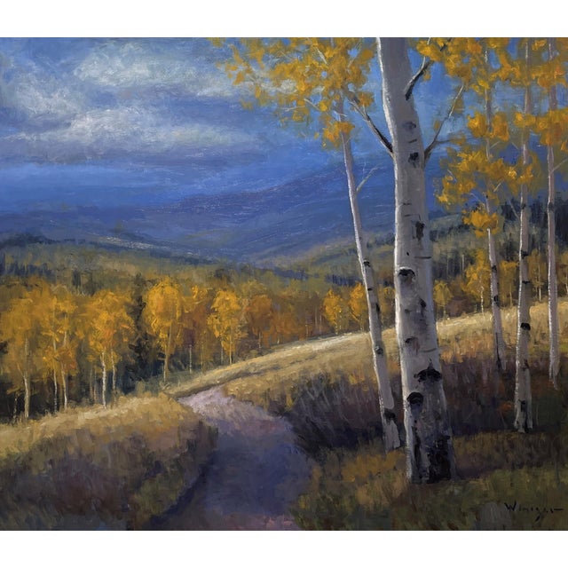 Autumn Shadows and Light by Seth Winegar | Oil on Board Landscape with autumn trees and path For Sale