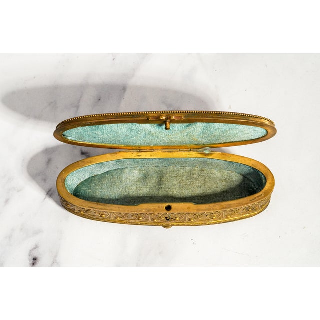 Classy Small Antique French Jewelry Casket Box Gilt Metal Pastoral Relief Trinket Box Made in France Victorian Home Decor For Sale - Image 9 of 14