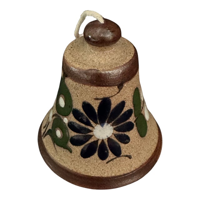 Late 20th Century Handcrafted Mexican Stoneware Pottery Folk Art Floral Bell For Sale
