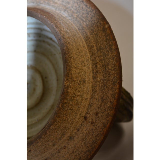 Studio Art Pottery Large Brown/Tan Cannister Container With Carved Face / Handles & Lid For Sale - Image 10 of 14