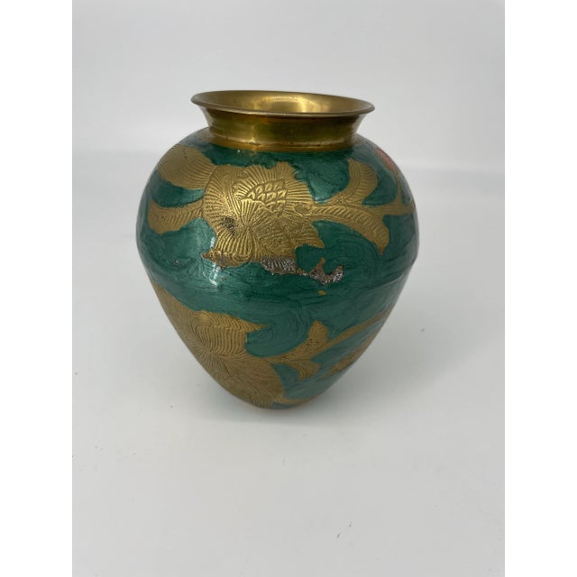 Mid-Century Modern Vintage Turquoise Enamel and Brass Vase For Sale - Image 3 of 7