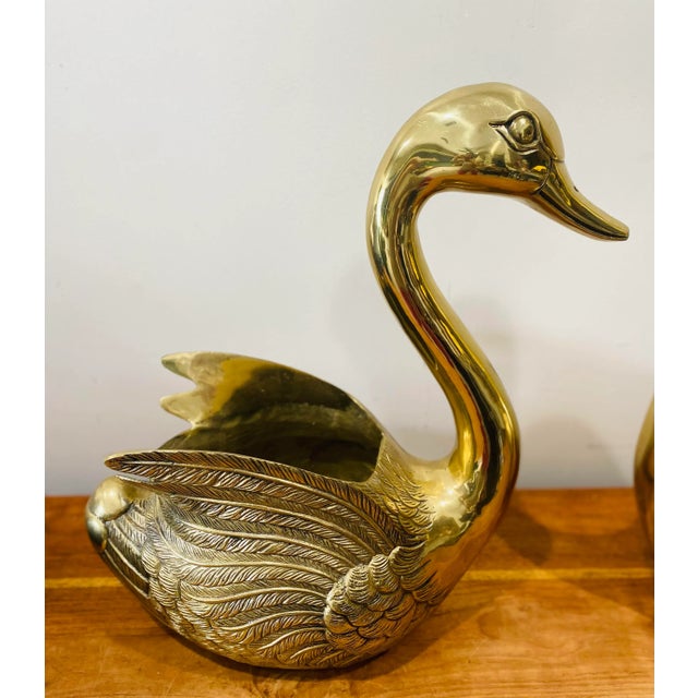 Mid 20th Century Sculptural Monumental Brass Swans Planters Restored - A Pair For Sale - Image 10 of 11