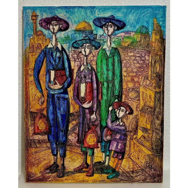 Modern Jossi Stern, Jerusalem Hasidic Family Oil Painting Israeli Judaica Yossi Stern Bezalel School For Sale - Image 3 of 10
