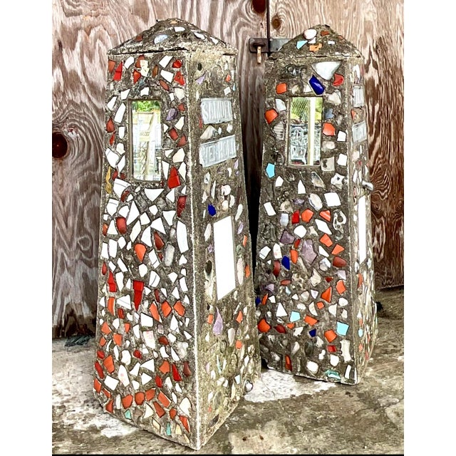 Vintage Coastal Cement Mosaic Garden Obelisks - a Pair For Sale In West Palm - Image 6 of 8