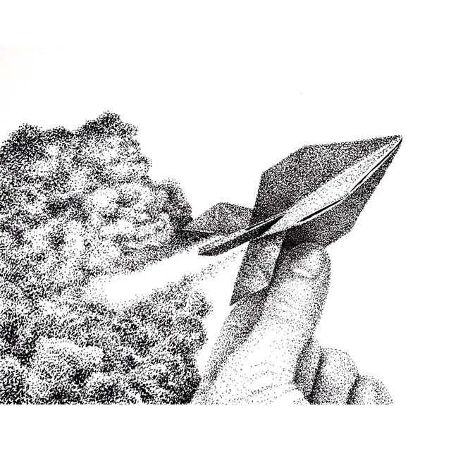 This artwork depicts a hand delicately holding a paper rocket, surrounded by a textured cloud of stippled ink that...