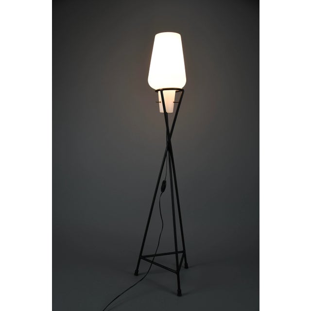 1950s Mid-Century Black Painted Iron Floor Lamp with Milk Glass Shade, 1955 For Sale - Image 5 of 11