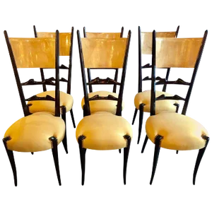 Set of Six Italian Aldo Tura Side Dining Chairs in Goatskin and Parchment