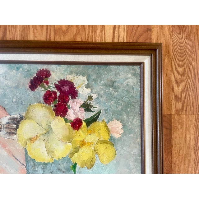 Impressionist "Yellow Hibiscus" Still Life Framed Oil Painting by Ruth Erb Hoffman, c.1956 For Sale - Image 3 of 11