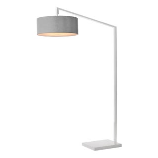 Stretch 75"h 1-Light Chairside Arc Lamp, Cashmere Gray Linen Shade, White Body, Dimmable, for Living Room or Bedroom For Sale