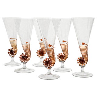 Amber Murano Glass and Pulegoso Nautilus Flutes from Cenedese, 1950s, Set of 6 For Sale