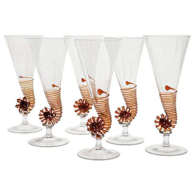Amber Murano Glass and Pulegoso Nautilus Flutes from Cenedese, 1950s, Set of 6 For Sale
