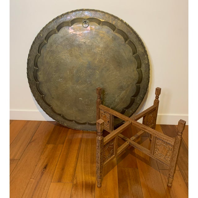 Middle Eastern Hand Engraved Brass Tray With Teak Folding Table Base For Sale - Image 4 of 12
