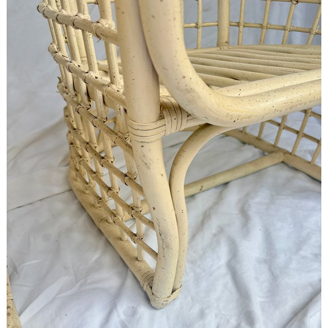 1980's Rattan Lattice Barrel Lounge Chairs With Chinoiserie Cushions in the Style of Ficks Reed a Pair For Sale - Image 14 of 16