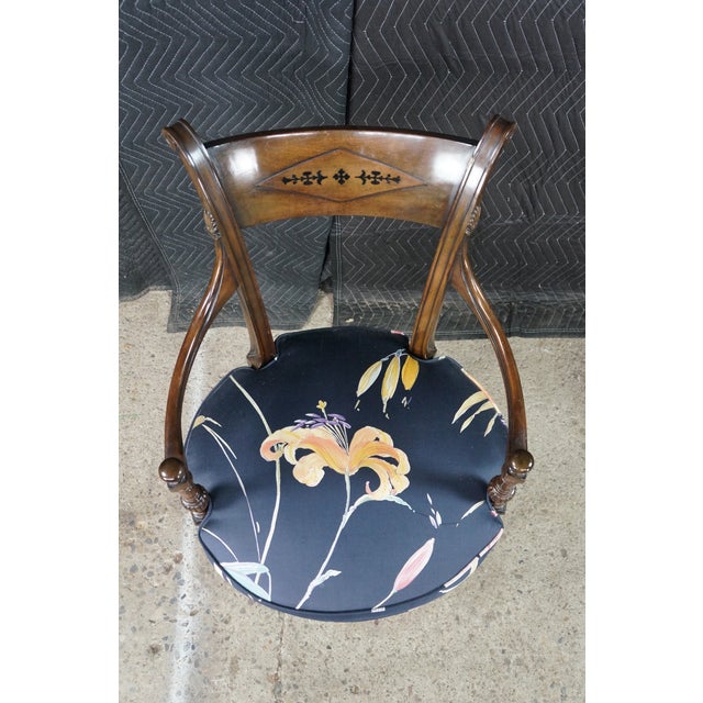 2 Antique English Sheraton Regency Style Mahogany Inlaid Floral Silk Arm Chairs For Sale - Image 6 of 18