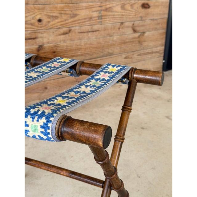 Mid 20th Century Vintage Walnut Faux Bamboo Folding Luggage Rack With Needlepoint Straps For Sale - Image 5 of 11