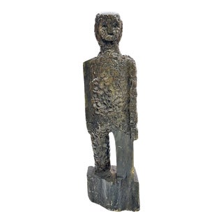 Vintage Brutalist Carved Stone Figural Sculpture, Signed Ekim For Sale
