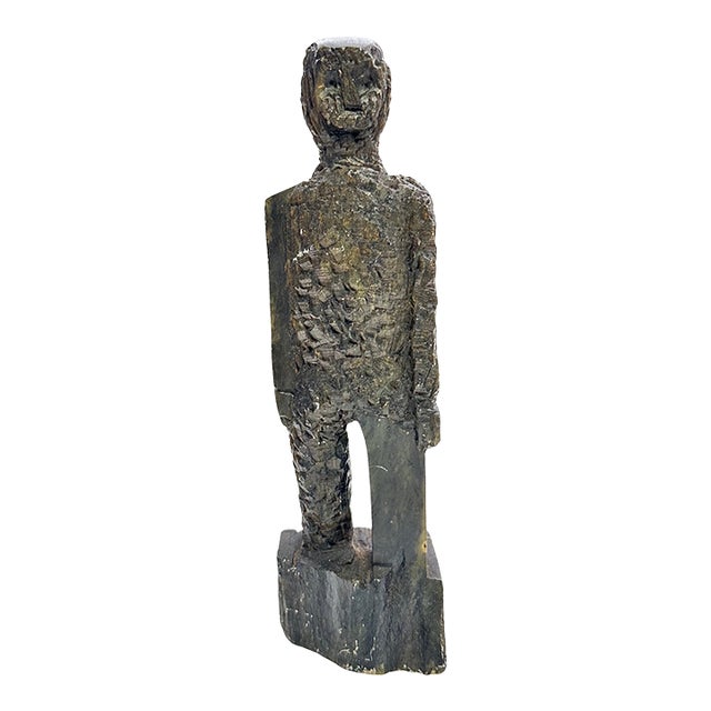 Vintage Brutalist Carved Stone Figural Sculpture, Signed Ekim For Sale