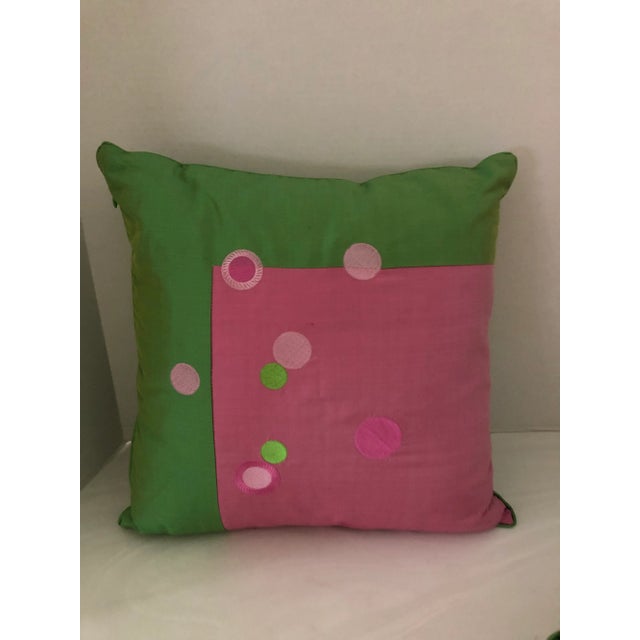 Set of 3 Pink & Green Silk Polka Dot Pillows For Sale - Image 4 of 10