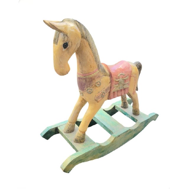 Wood Vintage Solid Wood Carved Pastel Colored Decorative Rocking Horse Decor Statue For Sale - Image 7 of 8