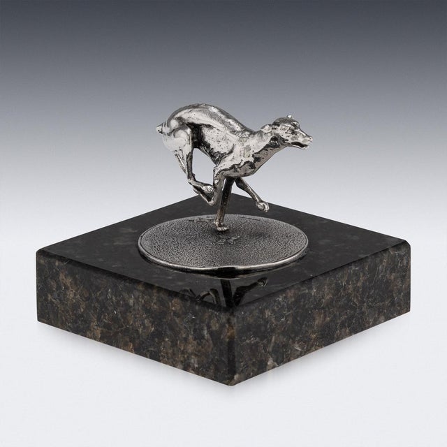 1990s Vintage 20th Century English Silver Greyhound Statue on Granite Base, 1994 For Sale - Image 5 of 12