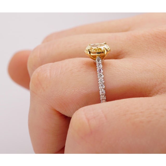Contemporary Fancy Yellow 1.12 Ct Oval Cut Diamond Engagement Platinum Ring, Size 5.75 | Simon Ardem Jewelry For Sale - Image 3 of 5