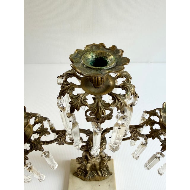 Late 19th Century Antique Brass Soldier Victorian 3 Arm Girandole Candlestick With Marble Base & Prisms For Sale - Image 5 of 17