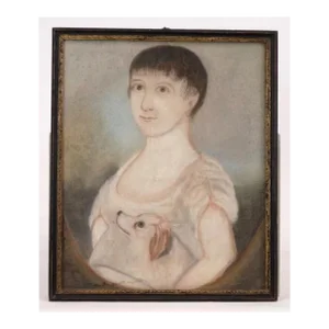 Antique Early 19th Century American Federal Pastel Painting Portrait of a Young Girl With Her Dog 1800 - 1810