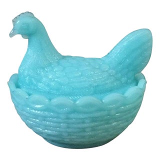 Zoomorphic Sugar Bowl in the Shape of Hen in Blue Opaline from Portieux Crystalworks For Sale