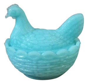 Zoomorphic Sugar Bowl in the Shape of Hen in Blue Opaline from Portieux Crystalworks
