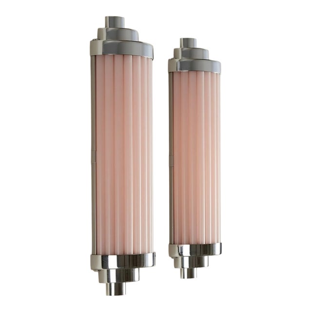 Vintage Art Deco Light Old Lamp Wall Sconces Fixture Nickel Brass & Pink Glass Rod Ship Light - Pair For Sale