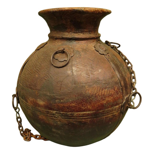 Antique Wooden Indian Water or Milk Pot with Chains For Sale
