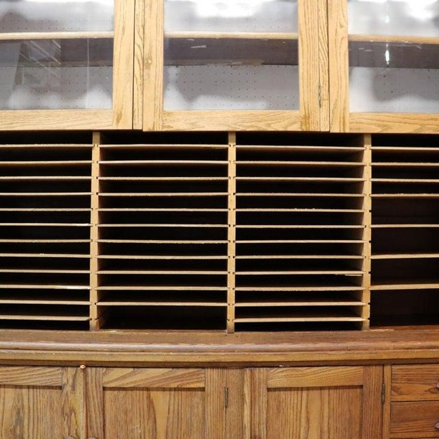 Early 20th Century Antique Oversized 2 Piece Oak Country Store Cabinet With Carved Pulls 20thC For Sale - Image 5 of 9
