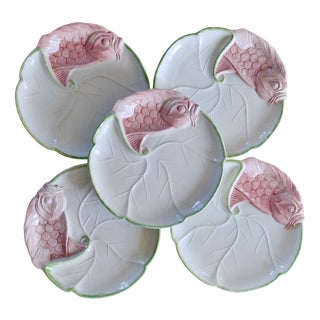 Large Vintage Hand-Painted Majolica Plates with Fish Design from Chaumette Paris, 1950s, Set of 5 For Sale