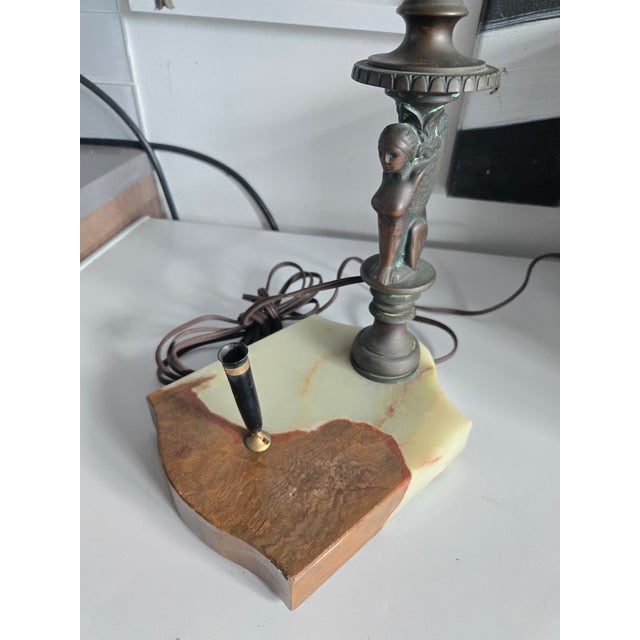 1910s Early Bronze Sphinx Bankers Lamp W Onyx Base & Pen Holder For Sale - Image 9 of 13