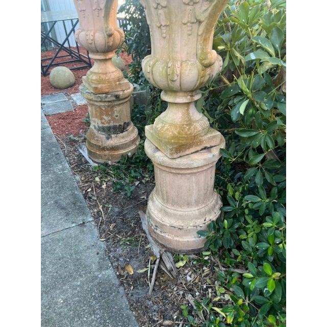 Pink 1920s Pair of Italian Large Stone Garden Urns on Pedestal 52 Inches Tall. 25 W For Sale - Image 8 of 8