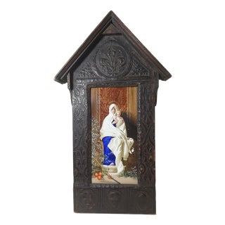 Maison De Cluny, Devotional Shrine Grand Tour Madonna of the Olives, 19th Century, Ceramic, Cow Leather & Walnut For Sale