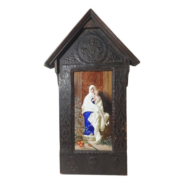 Maison De Cluny, Devotional Shrine Grand Tour Madonna of the Olives, 19th Century, Ceramic, Cow Leather & Walnut For Sale