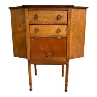 Early 20th Century Martha Washington Style Sewing Cabinet Side Table With Hinged Compartments & Drawers For Sale
