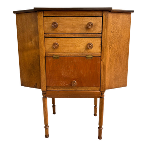 Early 20th Century Martha Washington Style Sewing Cabinet Side Table With Hinged Compartments & Drawers