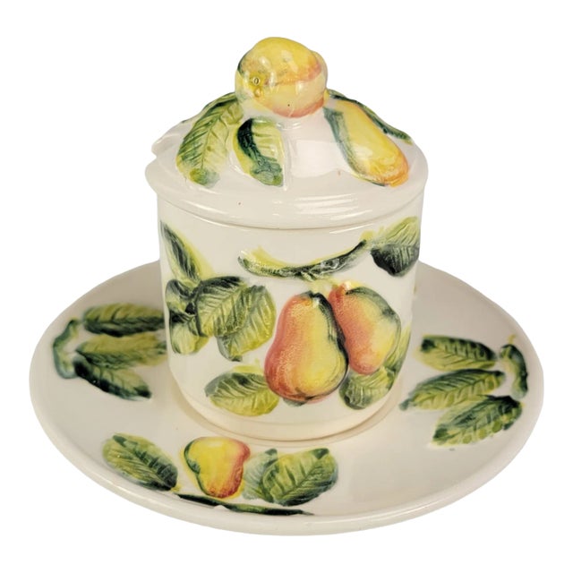 Italian Trompe L’Oeil Pear Jam Jar With Saucer, Hand-Painted Ceramic, 4.5" For Sale