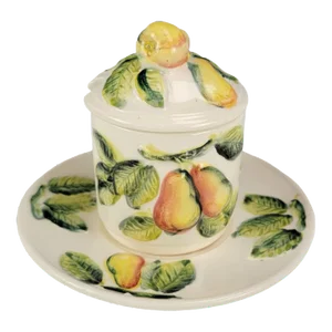 Italian Trompe L’Oeil Pear Jam Jar With Saucer, Hand-Painted Ceramic, 4.5"