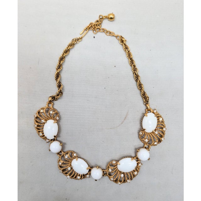 Metal Vintage 1960s Signed Hattie Carnegie Goldtone White Cabochon Rhinestone Necklace For Sale - Image 7 of 8