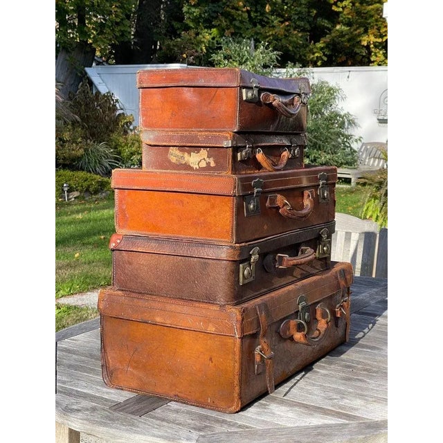 Stacked Set of Five Antique Leather Suitcases or Trunks For Sale - Image 9 of 18