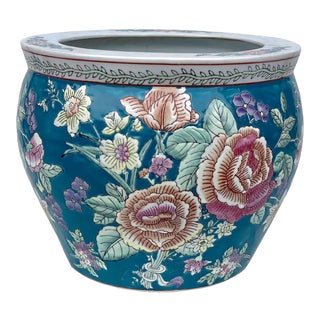 Vintage Chinese Porcelain Enamel Floral Motif Jardiniere Bowl Planter For Sale
