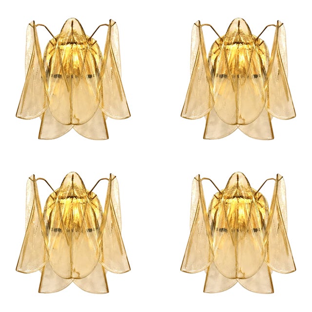 Mazzega Style Amber “Rondini” Murano Glass Gold Wall Sconces — Set of 4 For Sale