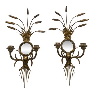 Large Vintage Italian Wheat Sheaf Wall Sconces Pair – Gilt Metal Convex Mirrors – Mid-Century Hollywood Regency Lighting For Sale