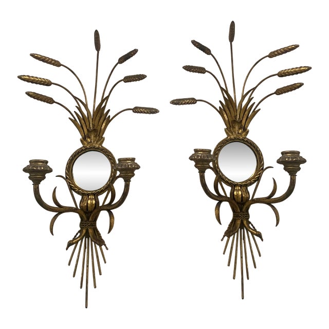 Large Vintage Italian Wheat Sheaf Wall Sconces Pair – Gilt Metal Convex Mirrors – Mid-Century Hollywood Regency Lighting For Sale